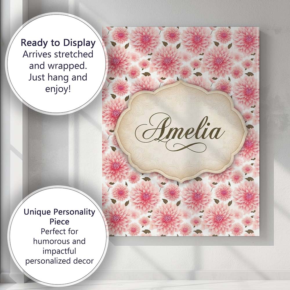 Personalised Name Light Pink Dahlia Bloom Custom Unique Gift Idea Elegant Feature Canvas Wall Art Print Decor Picture Ready to Hang