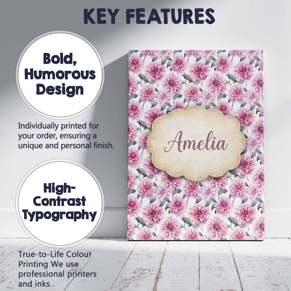 Personalised Name Lilac Dahlia Flowers Custom Modern Room Accent Elegant Feature Canvas Wall Art Print Decor Picture Ready to Hang