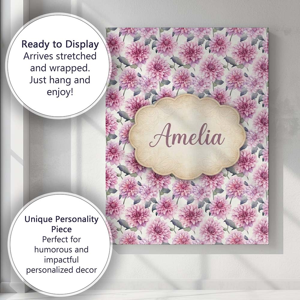 Personalised Name Lilac Dahlia Flowers Custom Modern Room Accent Elegant Feature Canvas Wall Art Print Decor Picture Ready to Hang