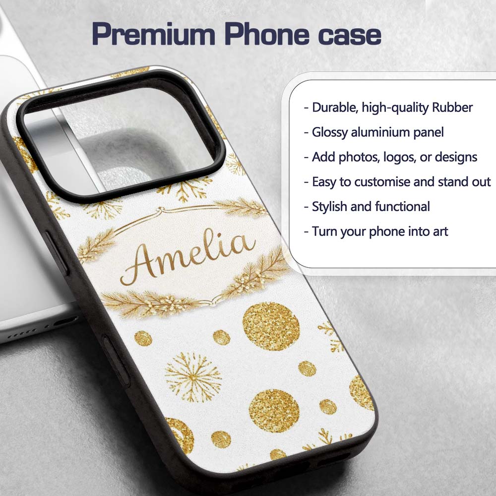 Gold Snowflakes and Glitter Dots Seamless Pattern Custom Name Protective Phone Case Mobile Cover Durable Everyday Smartphone Shock Resistant