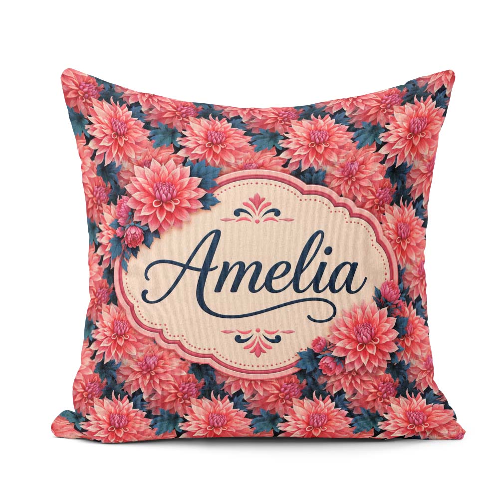 Custom Name Bold Red Dahlia Floral Dark Background Seamless Name Square Filled Cushion Throw Pillow Sofa Bed Home Decor Zip Washable UK Made