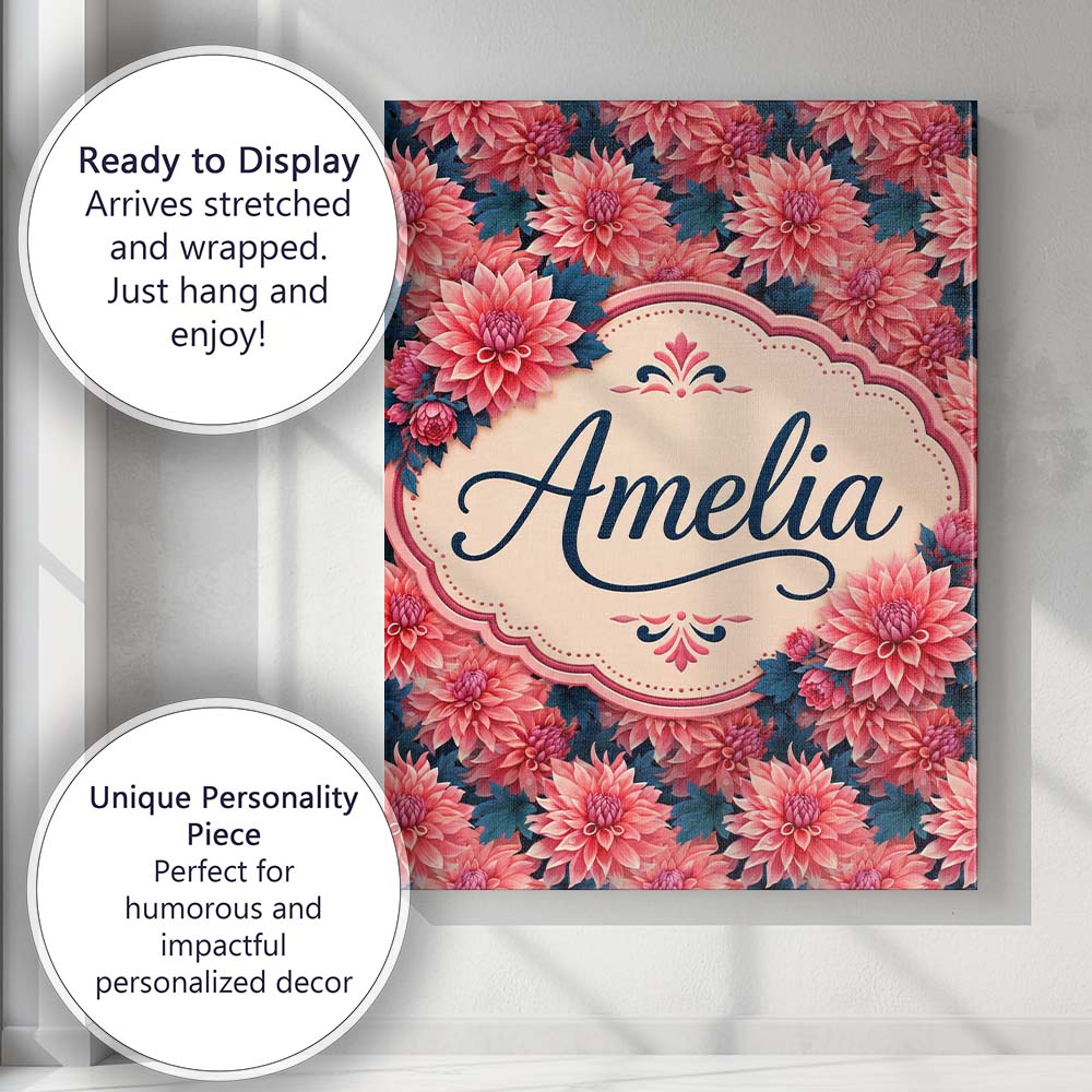 Personalised Name Bold Red Dahlia Floral Custom Unique Gift Idea Elegant Feature Canvas Wall Art Print Decor Picture Ready to Hang