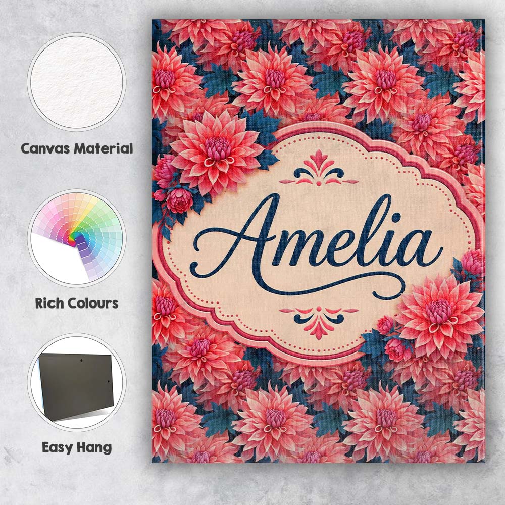Personalised Name Bold Red Dahlia Floral Custom Unique Gift Idea Elegant Feature Canvas Wall Art Print Decor Picture Ready to Hang