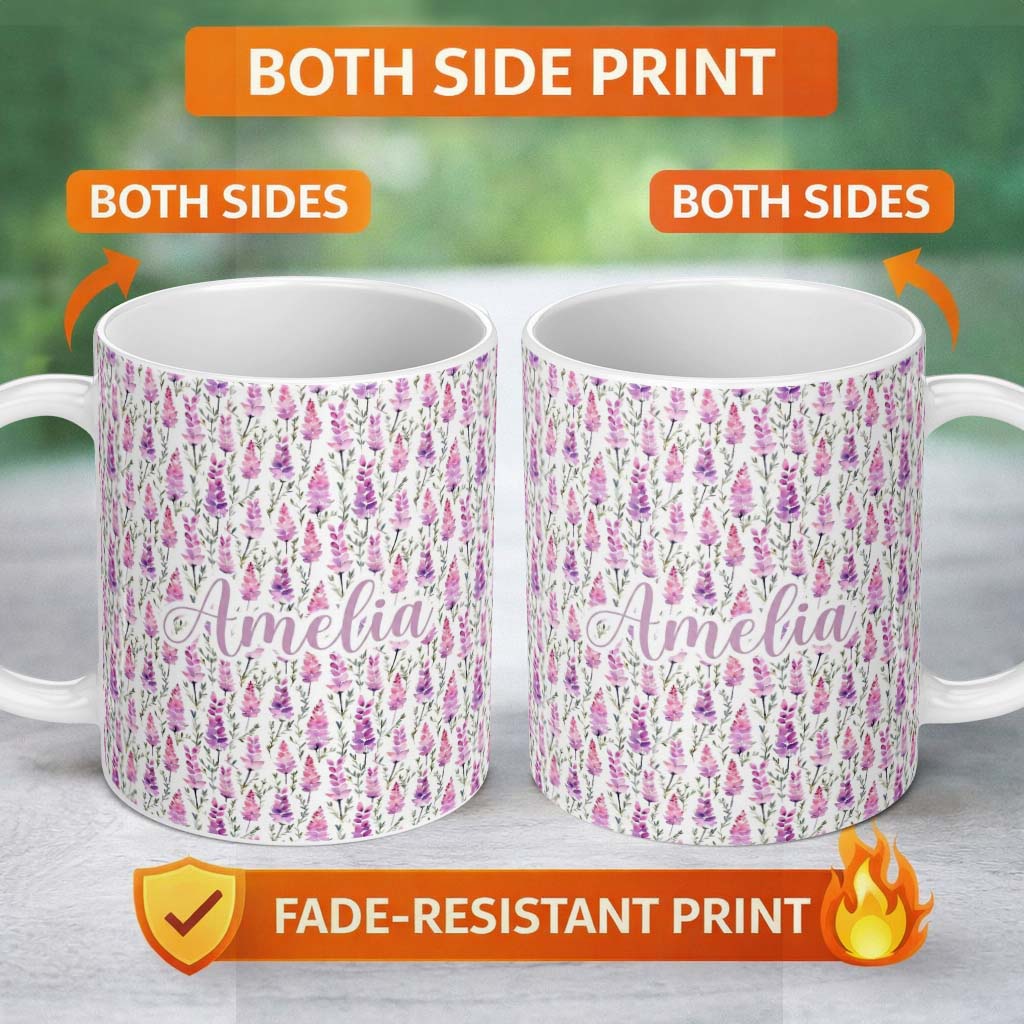Personalized Custom Name Purple Wildflower Meadow Watercolor Seamless Pattern Name Cute 11oz Ceramic Coffee Tea Mug White Large Handle