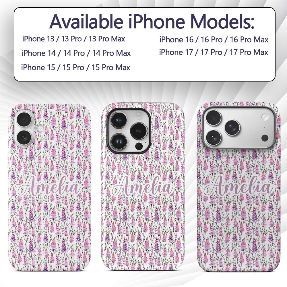 Purple Wildflower Meadow Watercolor Seamless Custom Name Protective Phone Case Mobile Cover Durable Everyday Smartphone Shock Resistant