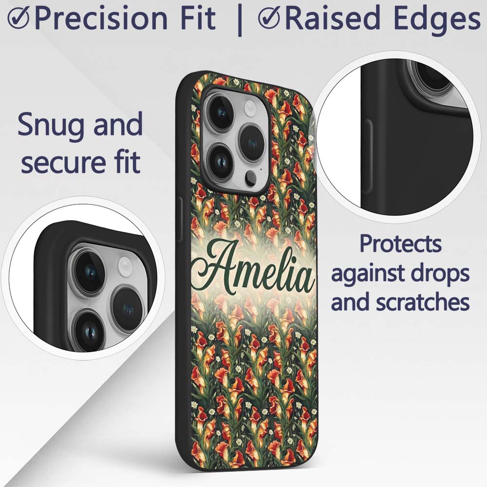 Vibrant Orange Lily Garden Floral Printed Design Custom Name Protective Phone Case Mobile Cover Durable Everyday Smartphone Shock Resistant