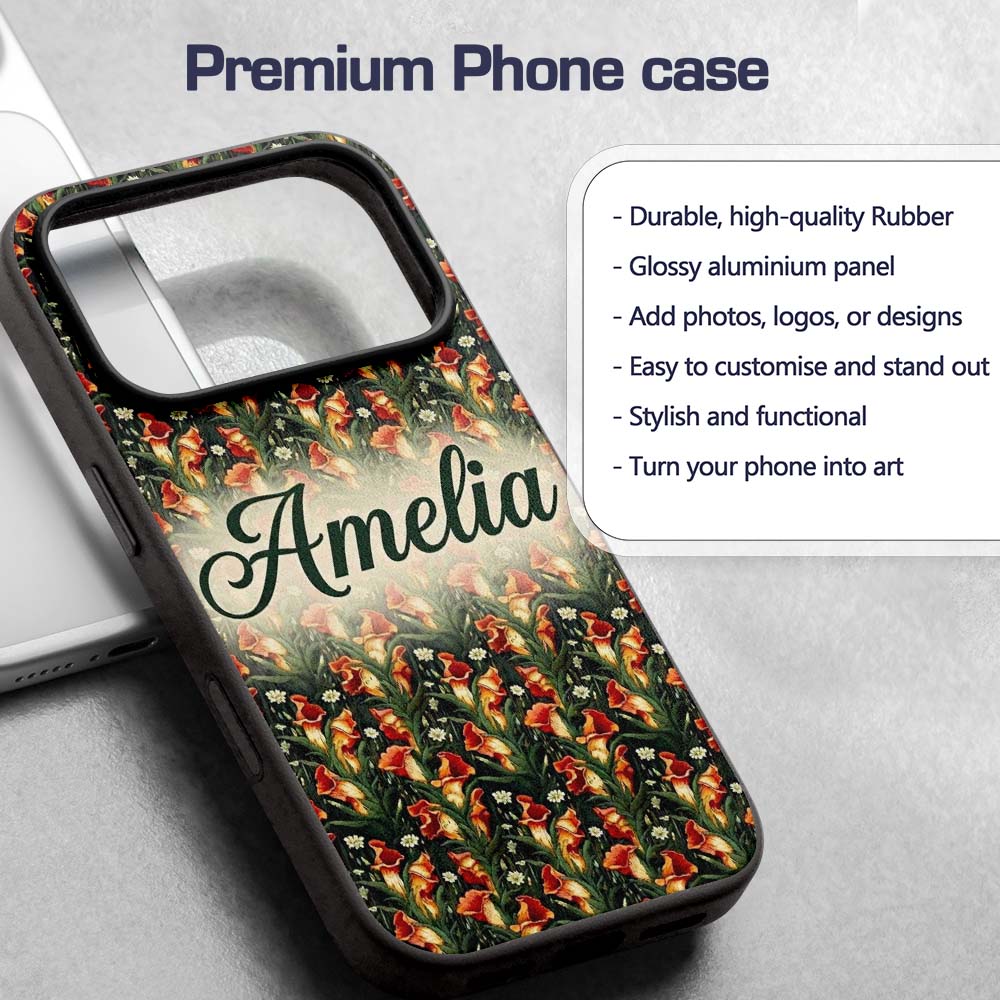 Vibrant Orange Lily Garden Floral Printed Design Custom Name Protective Phone Case Mobile Cover Durable Everyday Smartphone Shock Resistant