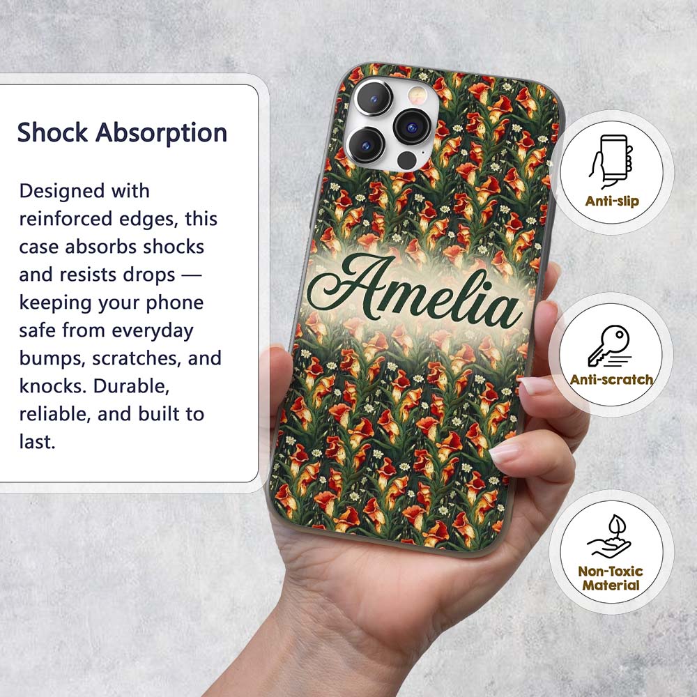 Vibrant Orange Lily Garden Floral Printed Design Custom Name Protective Phone Case Mobile Cover Durable Everyday Smartphone Shock Resistant