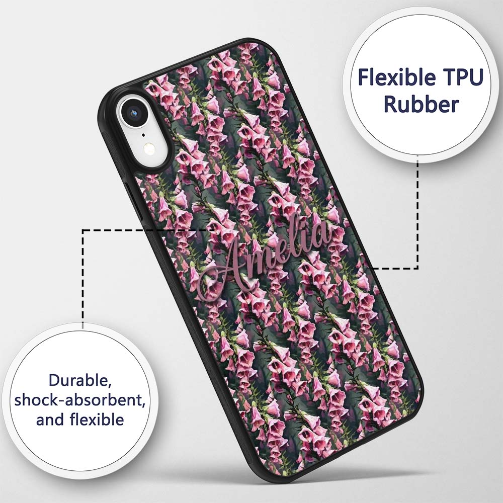 Pink Foxglove Flowers Botanical Garden Seamless Custom Name Protective Phone Case Mobile Cover Durable Everyday Smartphone Shock Resistant