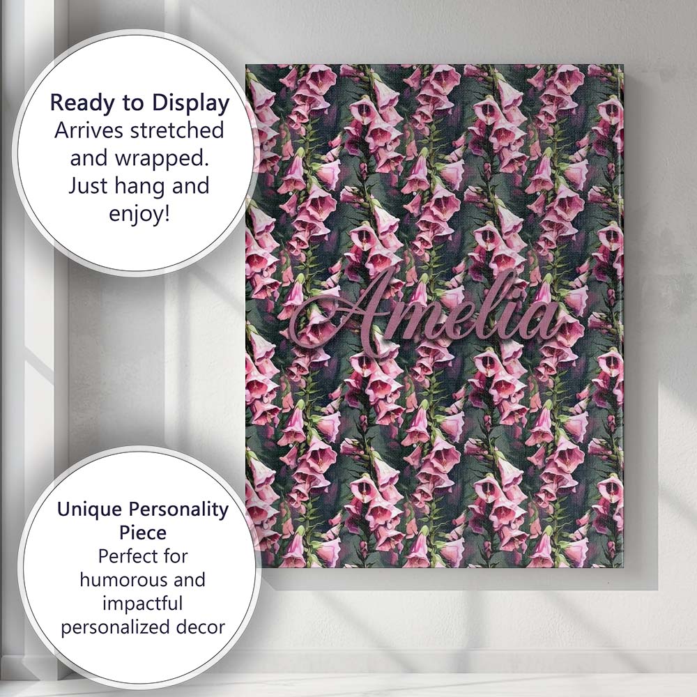 Personalised Name Pink Foxglove Flowers Custom Modern Room Accent Elegant Feature Canvas Wall Art Print Decor Picture Ready to Hang
