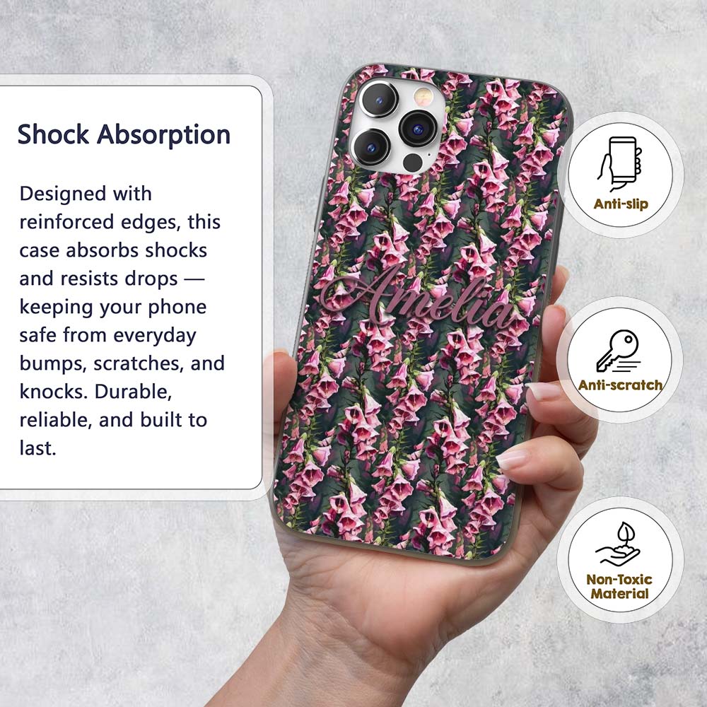 Pink Foxglove Flowers Botanical Garden Seamless Custom Name Protective Phone Case Mobile Cover Durable Everyday Smartphone Shock Resistant