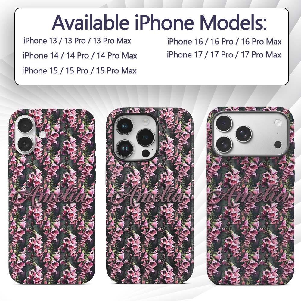 Pink Foxglove Flowers Botanical Garden Seamless Custom Name Protective Phone Case Mobile Cover Durable Everyday Smartphone Shock Resistant