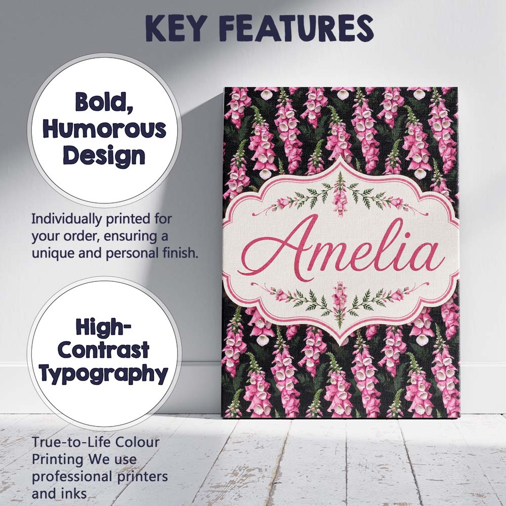 Personalised Name Pink Foxglove Flowers on Custom Unique Gift Idea Elegant Feature Canvas Wall Art Print Decor Picture Ready to Hang