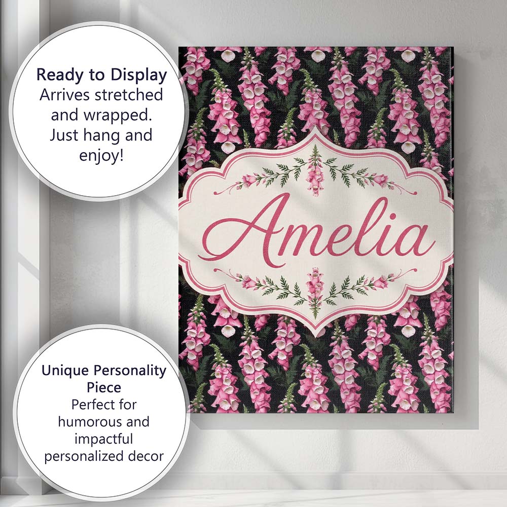 Personalised Name Pink Foxglove Flowers on Custom Unique Gift Idea Elegant Feature Canvas Wall Art Print Decor Picture Ready to Hang