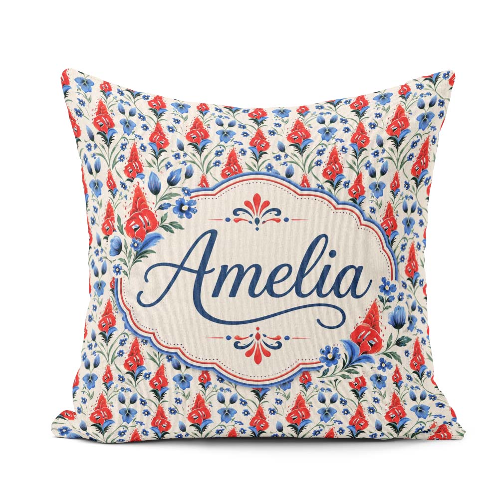 Custom Name Red and Blue Floral Folk Art Seamless Pattern Design Square Filled Cushion Throw Pillow Sofa Bed Home Decor Zip Washable UK Made
