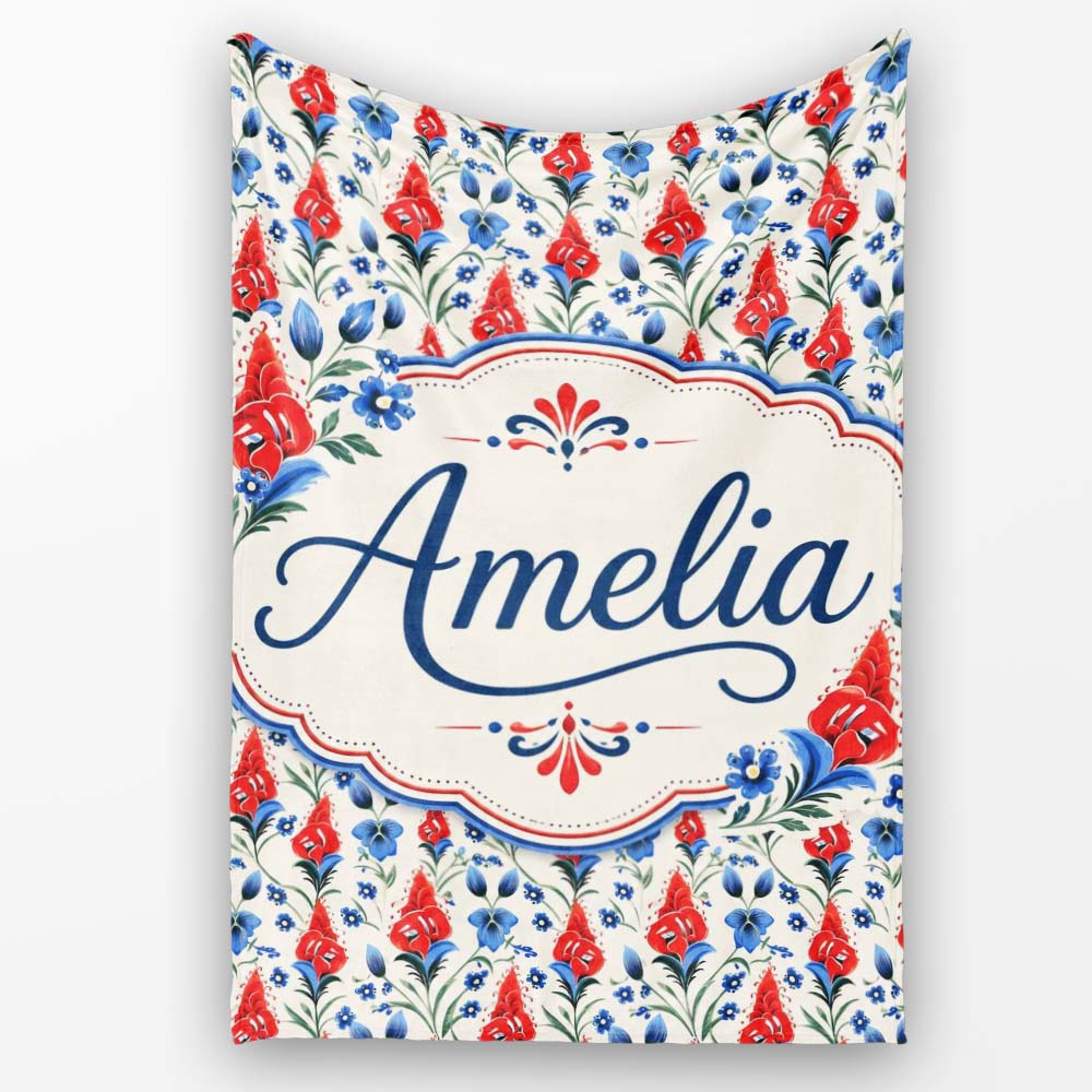 Red and Blue Floral Folk Art Seamless Pattern Botanical Design Name Personalised Custom Name Super Soft Fleece Blanket Bed Sofa Throw