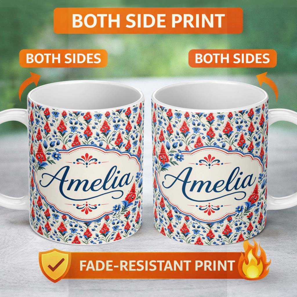 Personalized Custom Name Red and Blue Floral Folk Art Seamless Pattern Botanical Design Name 11oz Ceramic Coffee Tea Mug White Large Handle