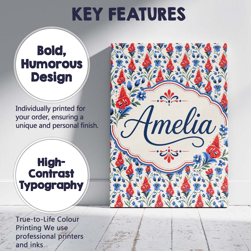Personalised Name Red and Blue Floral Folk Custom Unique Gift Idea Elegant Feature Canvas Wall Art Print Decor Picture Ready to Hang