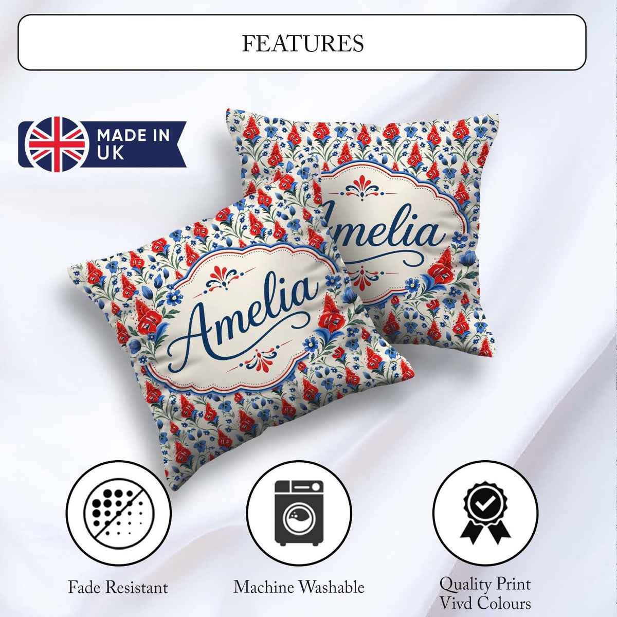 Custom Name Red and Blue Floral Folk Art Seamless Pattern Design Square Filled Cushion Throw Pillow Sofa Bed Home Decor Zip Washable UK Made