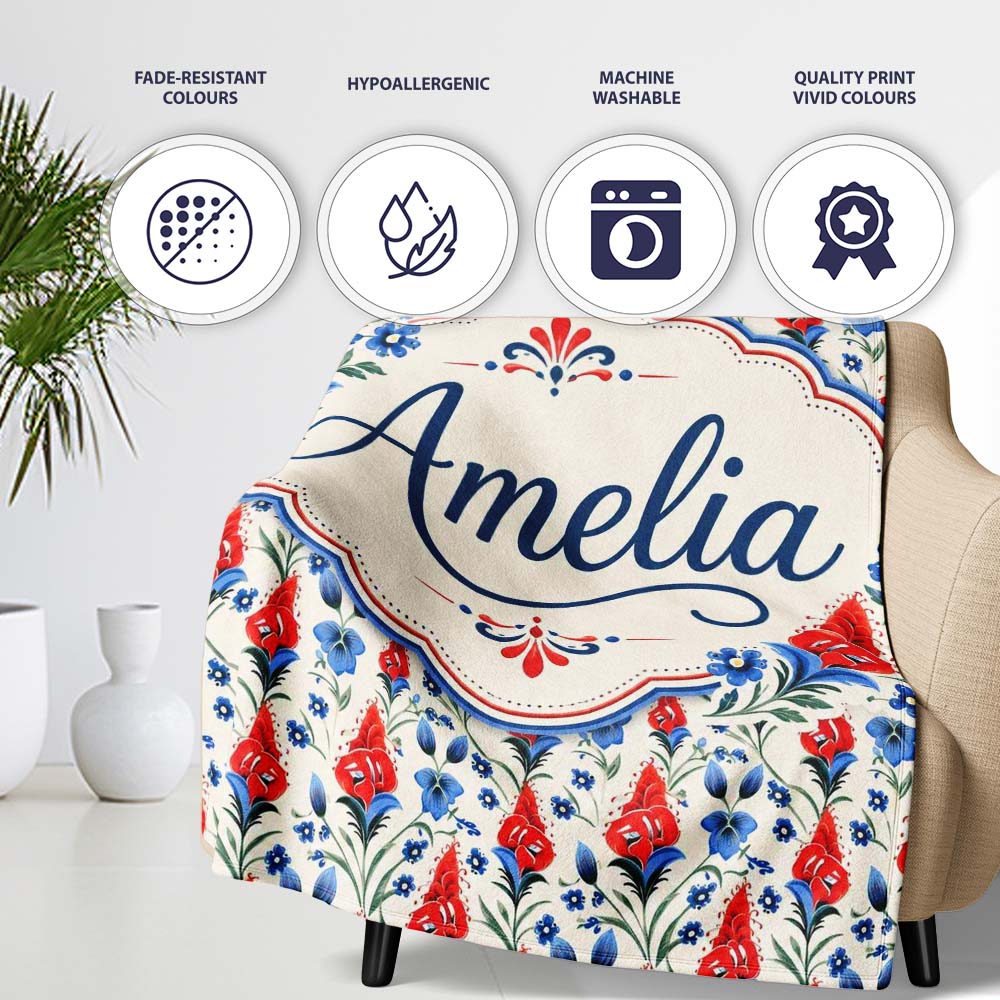 Red and Blue Floral Folk Art Seamless Pattern Botanical Design Name Personalised Custom Name Super Soft Fleece Blanket Bed Sofa Throw