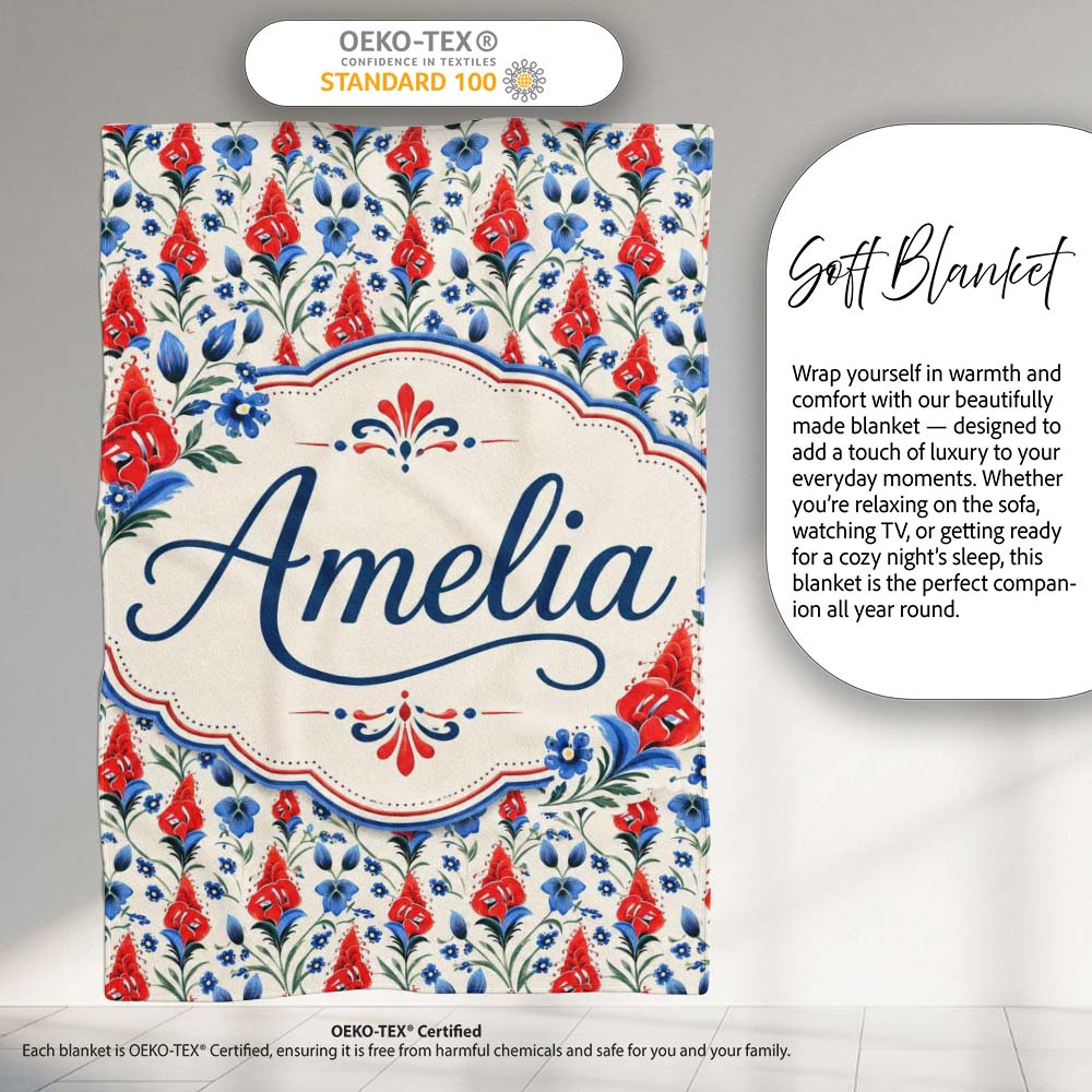 Red and Blue Floral Folk Art Seamless Pattern Botanical Design Name Personalised Custom Name Super Soft Fleece Blanket Bed Sofa Throw