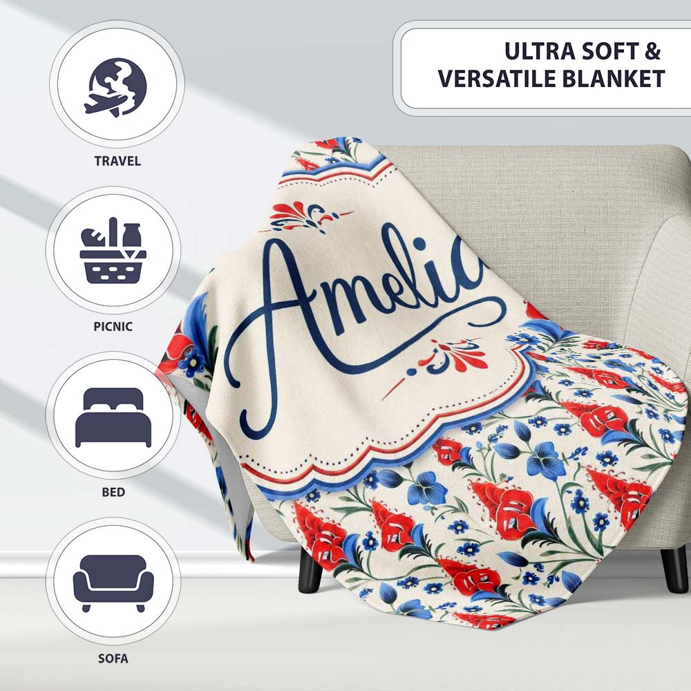 Red and Blue Floral Folk Art Seamless Pattern Botanical Design Name Personalised Custom Name Super Soft Fleece Blanket Bed Sofa Throw