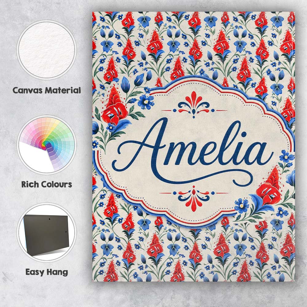 Personalised Name Red and Blue Floral Folk Custom Unique Gift Idea Elegant Feature Canvas Wall Art Print Decor Picture Ready to Hang