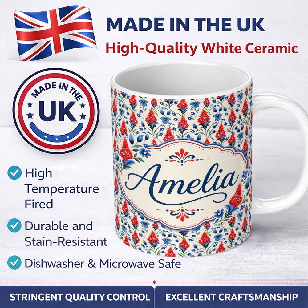 Personalized Custom Name Red and Blue Floral Folk Art Seamless Pattern Botanical Design Name 11oz Ceramic Coffee Tea Mug White Large Handle