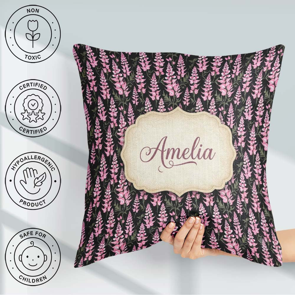 Custom Name Stylized Pink Foxglove Floral on Background Seamless Square Filled Cushion Throw Pillow Sofa Bed Home Decor Zip Washable UK Made