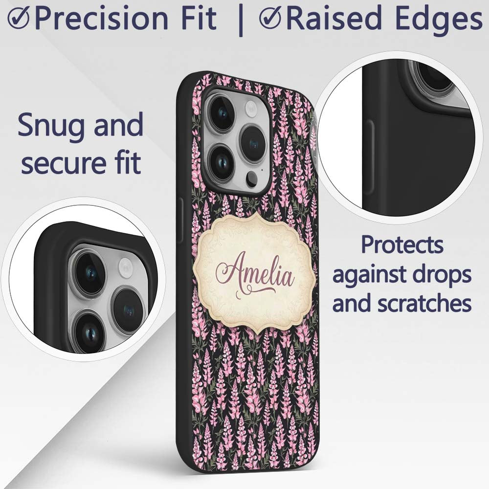 Stylized Pink Foxglove Floral on Dark Background Custom Name Protective Phone Case Mobile Cover Durable Everyday Smartphone Shock Resistant
