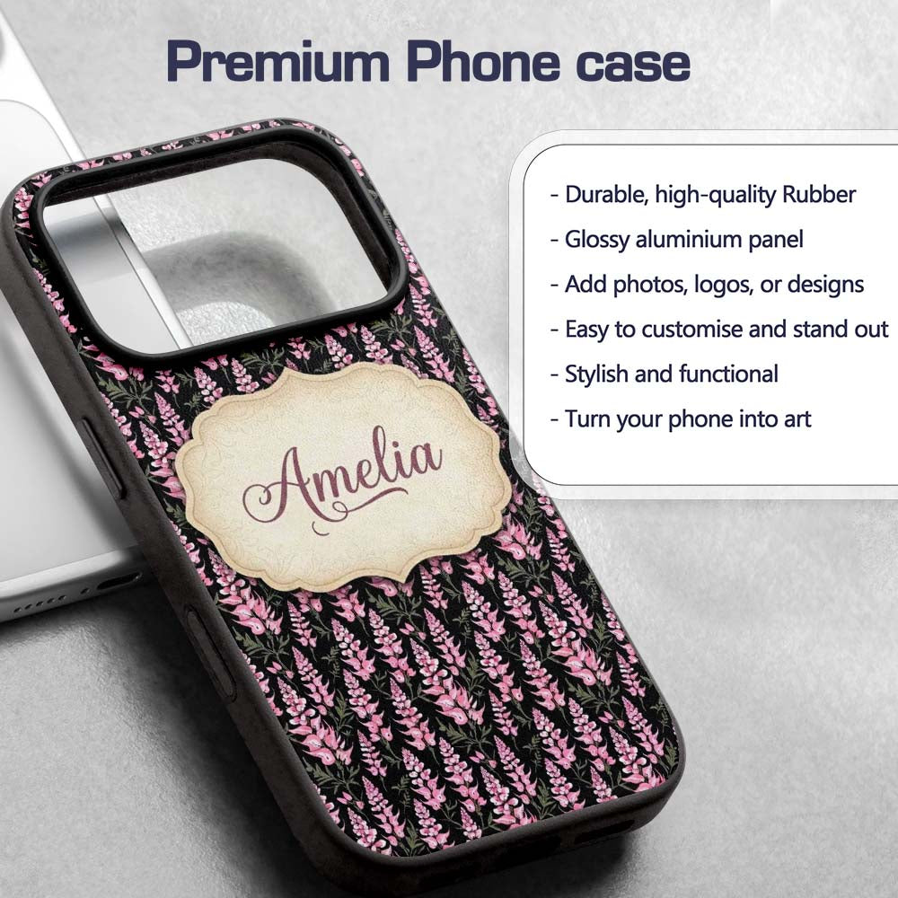 Stylized Pink Foxglove Floral on Dark Background Custom Name Protective Phone Case Mobile Cover Durable Everyday Smartphone Shock Resistant