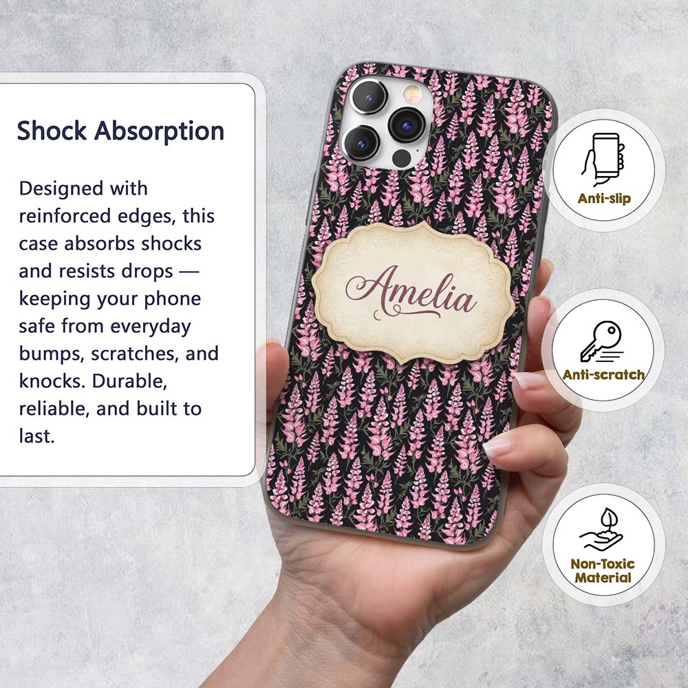 Stylized Pink Foxglove Floral on Dark Background Custom Name Protective Phone Case Mobile Cover Durable Everyday Smartphone Shock Resistant