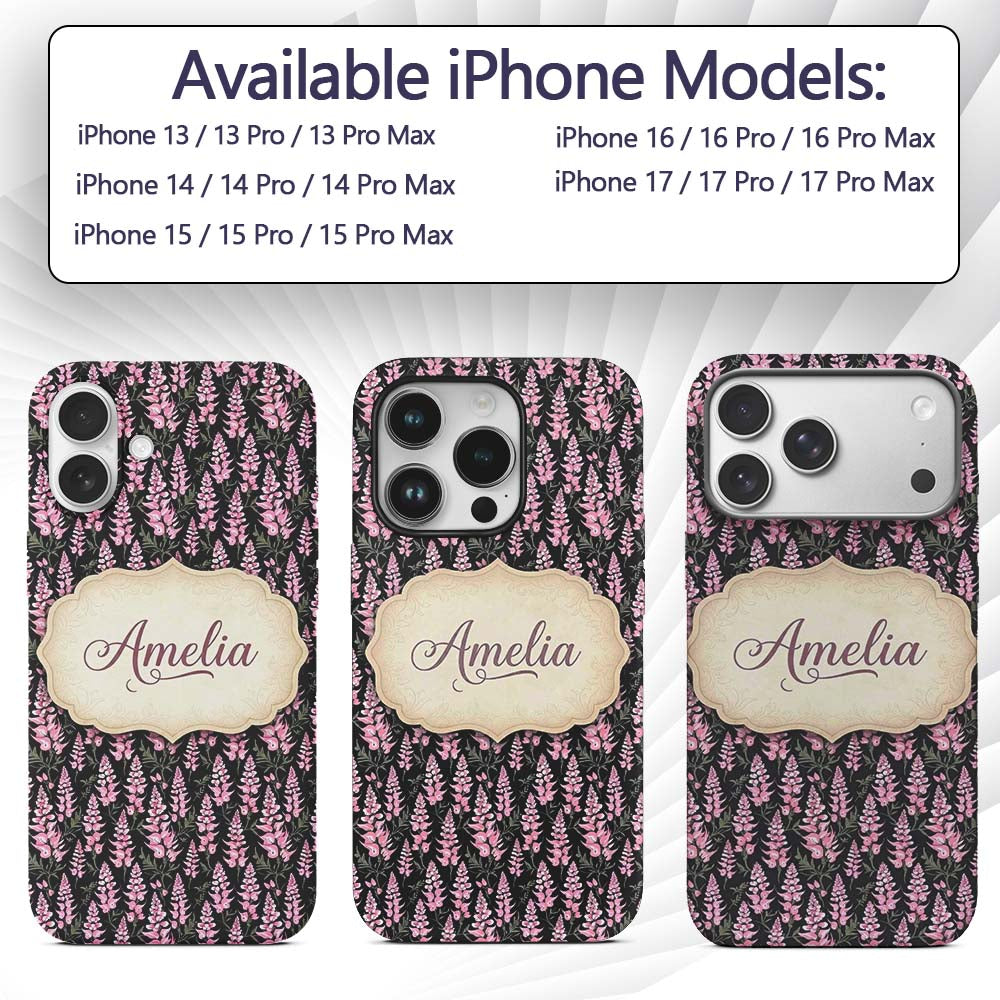 Stylized Pink Foxglove Floral on Dark Background Custom Name Protective Phone Case Mobile Cover Durable Everyday Smartphone Shock Resistant