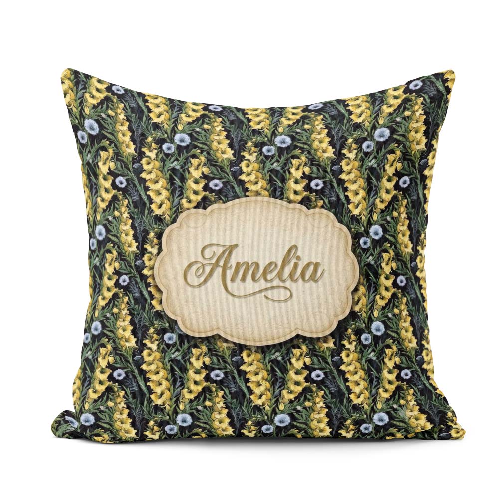 Custom Name Yellow Wildflower Botanical Garden Dark Pattern Name Square Filled Cushion Throw Pillow Sofa Bed Home Decor Zip Washable UK Made
