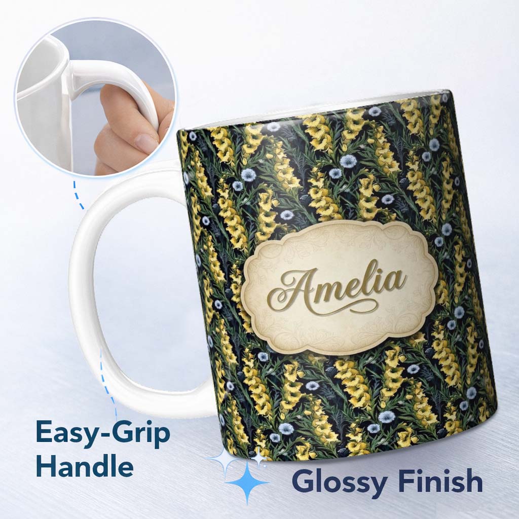 Personalized Custom Name Yellow Wildflower Botanical Garden Dark Seamless Pattern Name Cute 11oz Ceramic Coffee Tea Mug White Large Handle