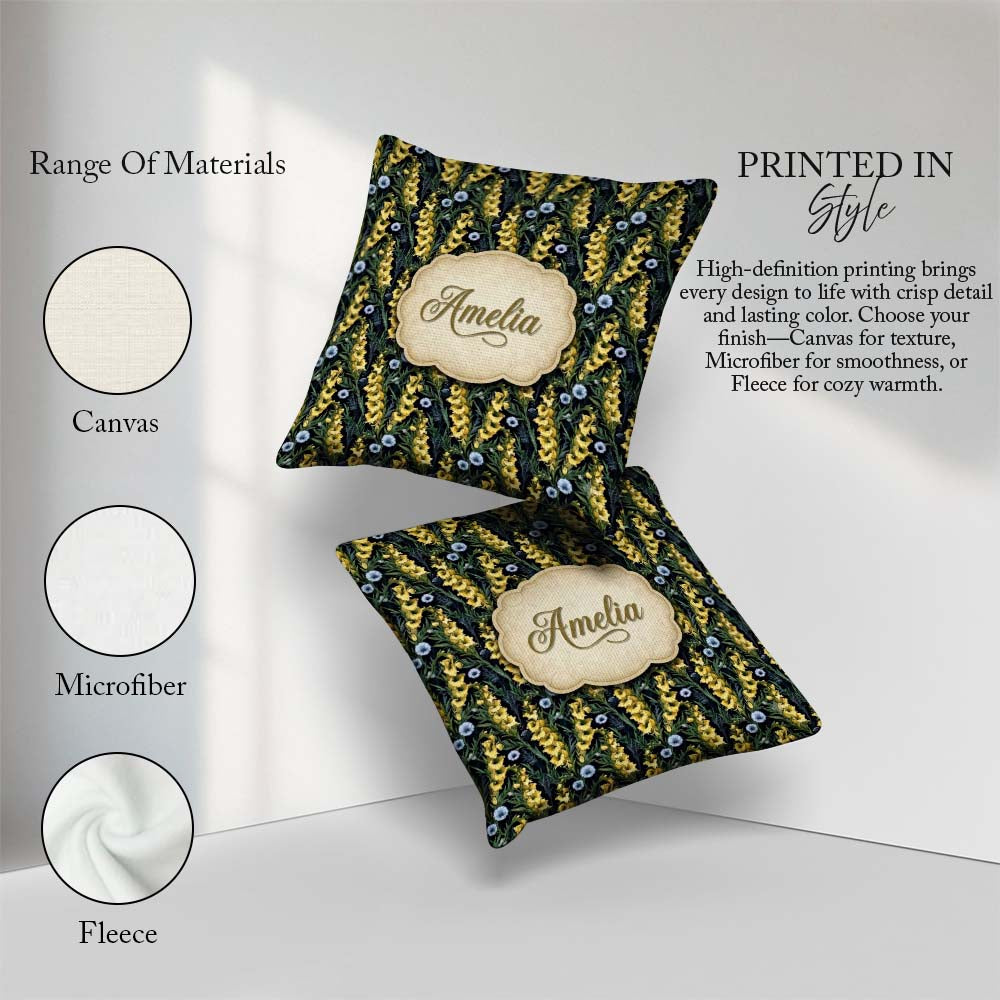 Custom Name Yellow Wildflower Botanical Garden Dark Pattern Name Square Filled Cushion Throw Pillow Sofa Bed Home Decor Zip Washable UK Made