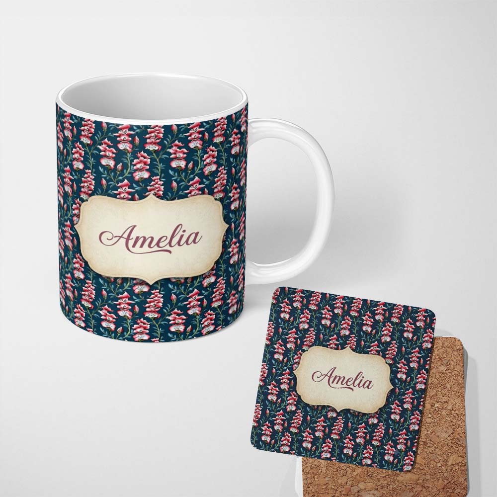 Personalized Custom Name Vintage Pink Floral Stems on Deep Blue Background Seamless Pattern 11oz Ceramic Coffee Tea Mug White Large Handle