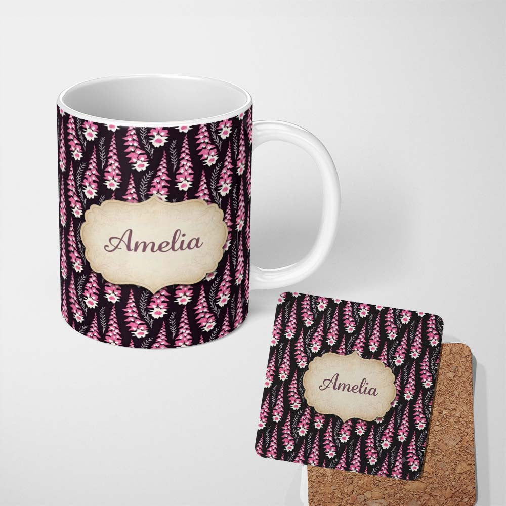 Personalized Custom Name Modern Pink Foxglove Floral Graphic Dark Seamless Pattern Custom 11oz Ceramic Coffee Tea Mug White Large Handle