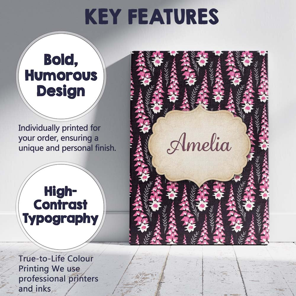 Personalised Name Modern Pink Foxglove Custom Contemporary Display Elegant Feature Canvas Wall Art Print Decor Picture Ready to Hang