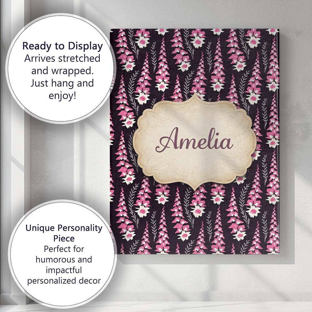 Personalised Name Modern Pink Foxglove Custom Contemporary Display Elegant Feature Canvas Wall Art Print Decor Picture Ready to Hang