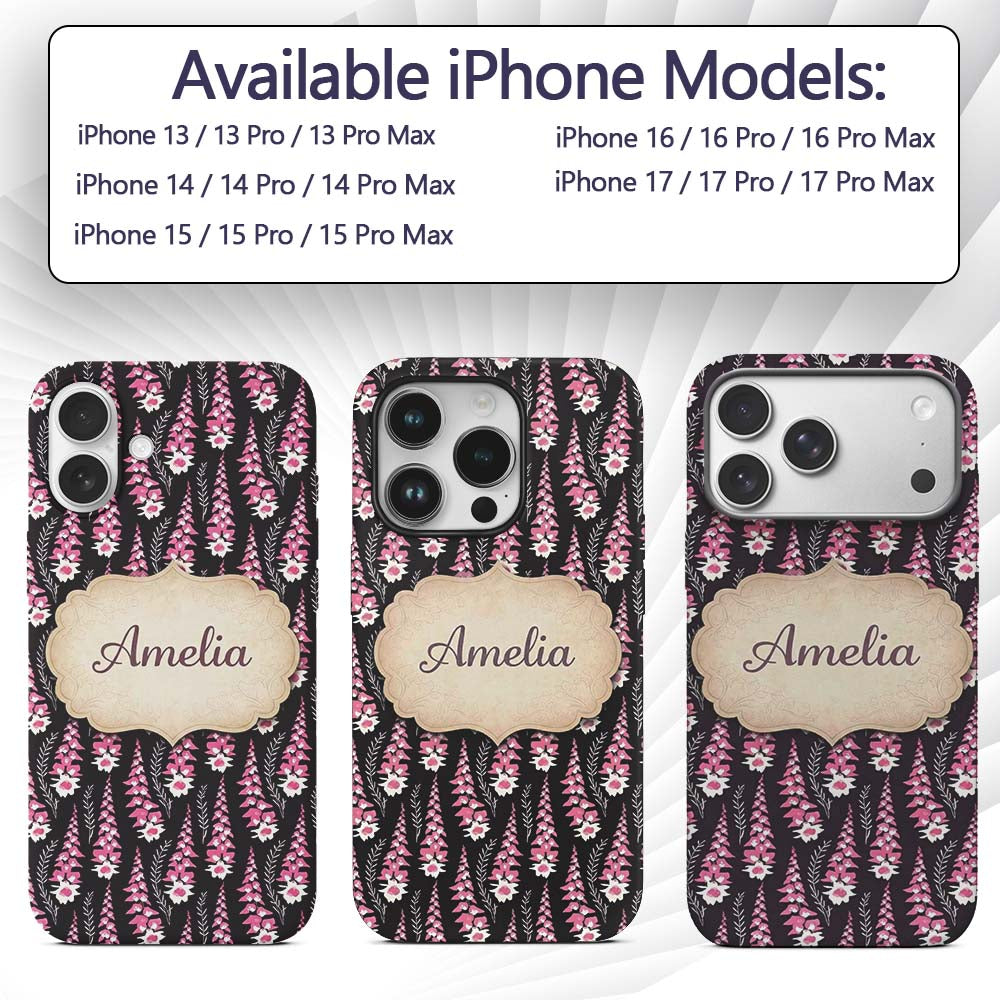 Modern Pink Foxglove Floral Graphic Dark Seamless Custom Name Protective Phone Case Mobile Cover Durable Everyday Smartphone Shock Resistant