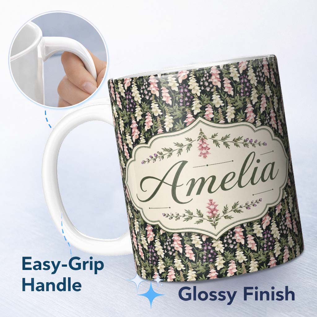 Personalized Custom Name Soft Cream and Pink Botanical Garden Seamless Pattern Name Cute 11oz Ceramic Coffee Tea Mug White Large Handle