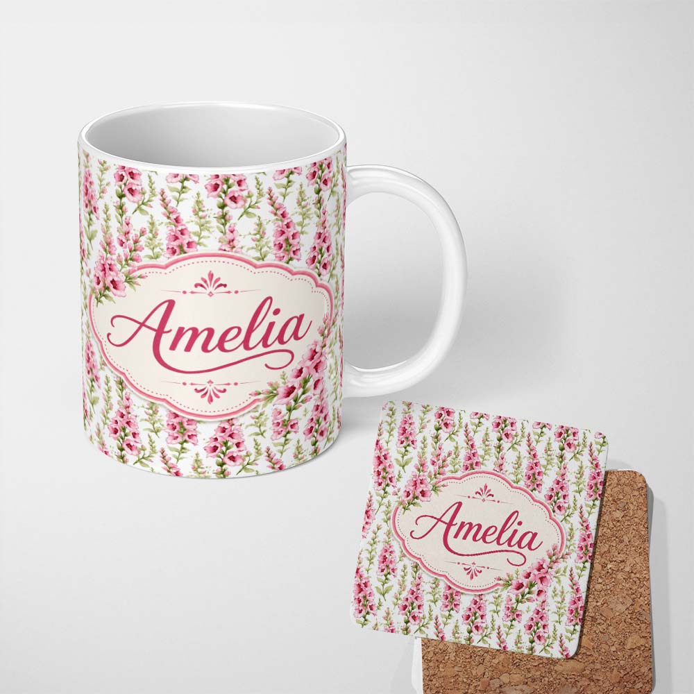 Personalized Custom Name Delicate Pink Foxglove Flowers Light Background Seamless Pattern 11oz Ceramic Coffee Tea Mug White Large Handle