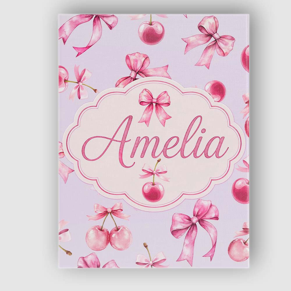 Personalised Name Watercolor Pink Cherry Ribbon Bow Seamless Pattern Custom Home Canvas Wall Art Print Decor Picture Ready to Hang