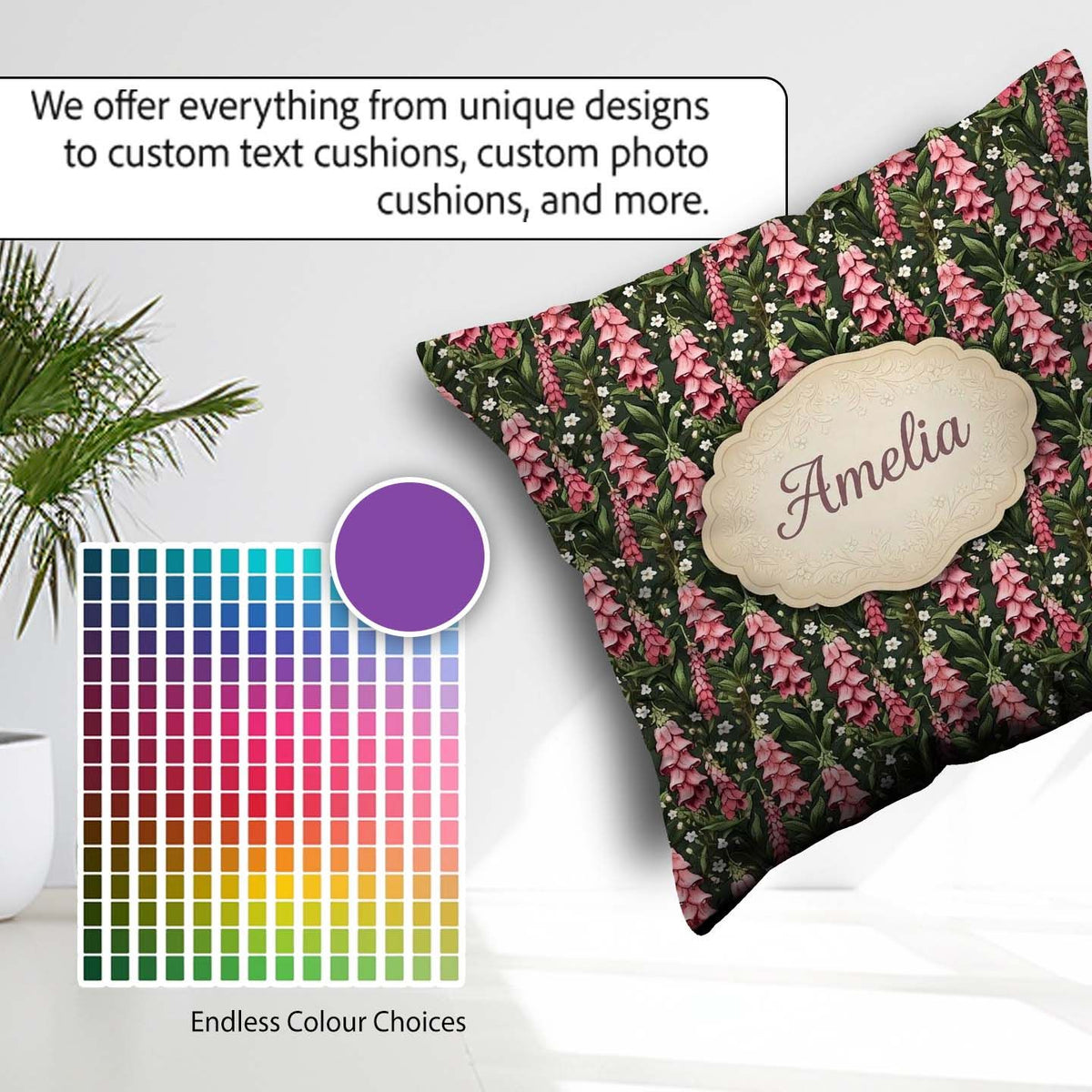 Custom Name Pink Foxglove Flowers Wild Meadow Botanical Seamless Square Filled Cushion Throw Pillow Sofa Bed Home Decor Zip Washable UK Made
