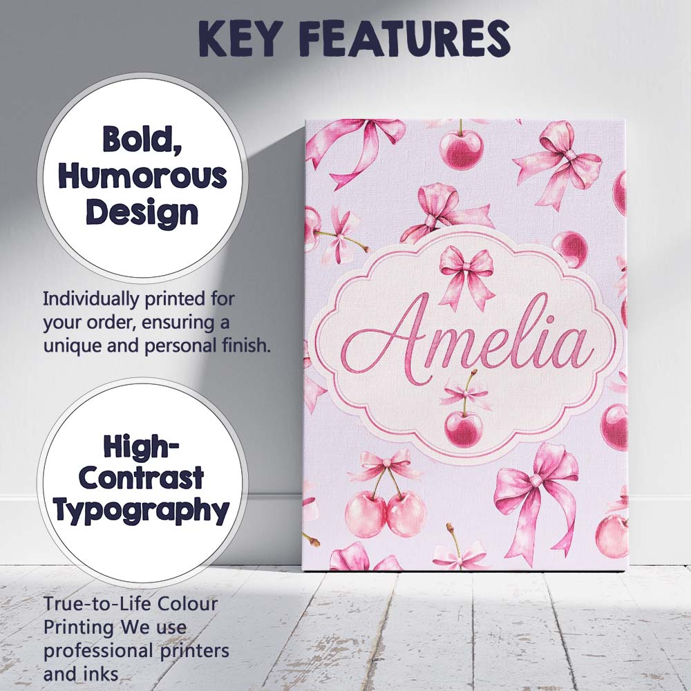 Personalised Name Watercolor Pink Cherry Ribbon Bow Seamless Pattern Custom Home Canvas Wall Art Print Decor Picture Ready to Hang