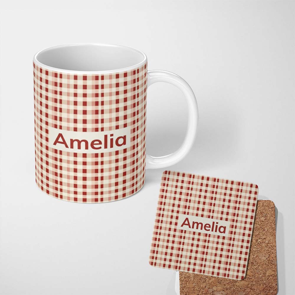 Personalized Custom Name Red Beige Gingham Check Texture Seamless Pattern Name Cute Unique 11oz Ceramic Coffee Tea Mug White Large Handle