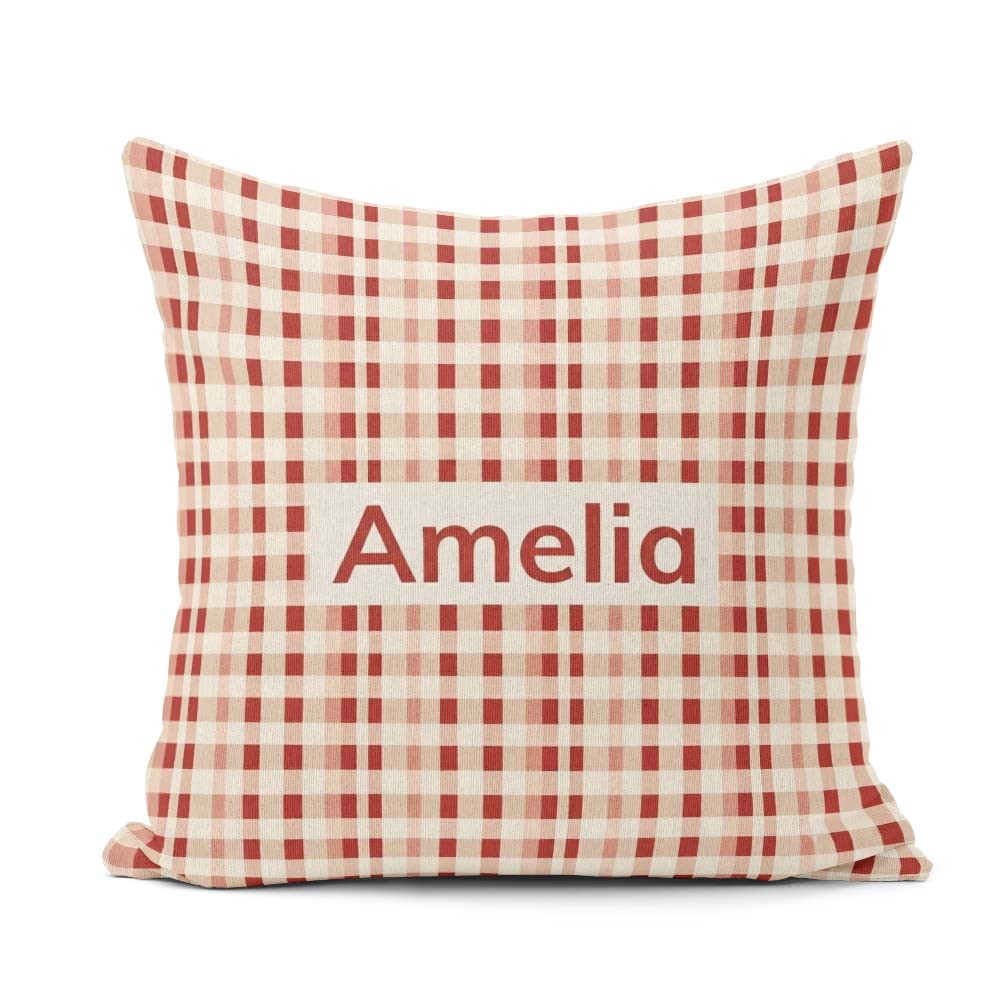 Custom Name Red Beige Gingham Texture Seamless Pattern Name Cute Square Filled Cushion Throw Pillow Sofa Bed Home Decor Zip Washable UK Made