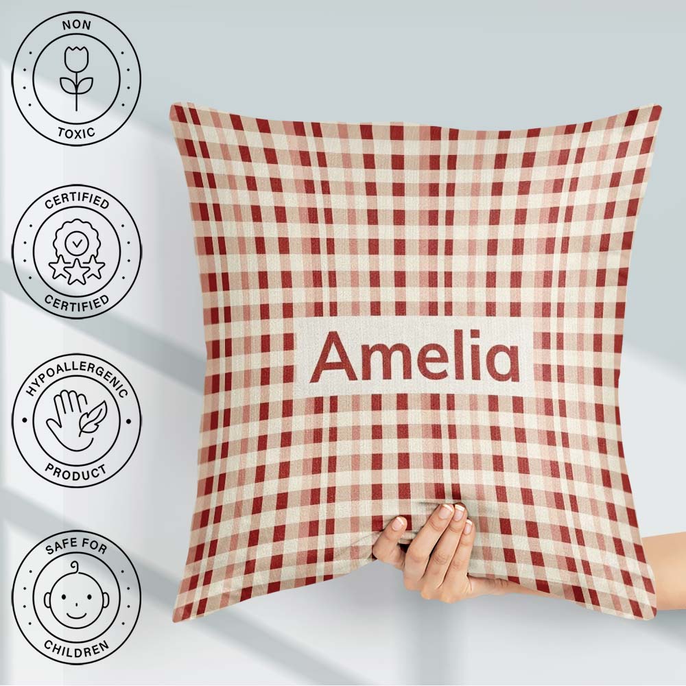 Custom Name Red Beige Gingham Texture Seamless Pattern Name Cute Square Filled Cushion Throw Pillow Sofa Bed Home Decor Zip Washable UK Made