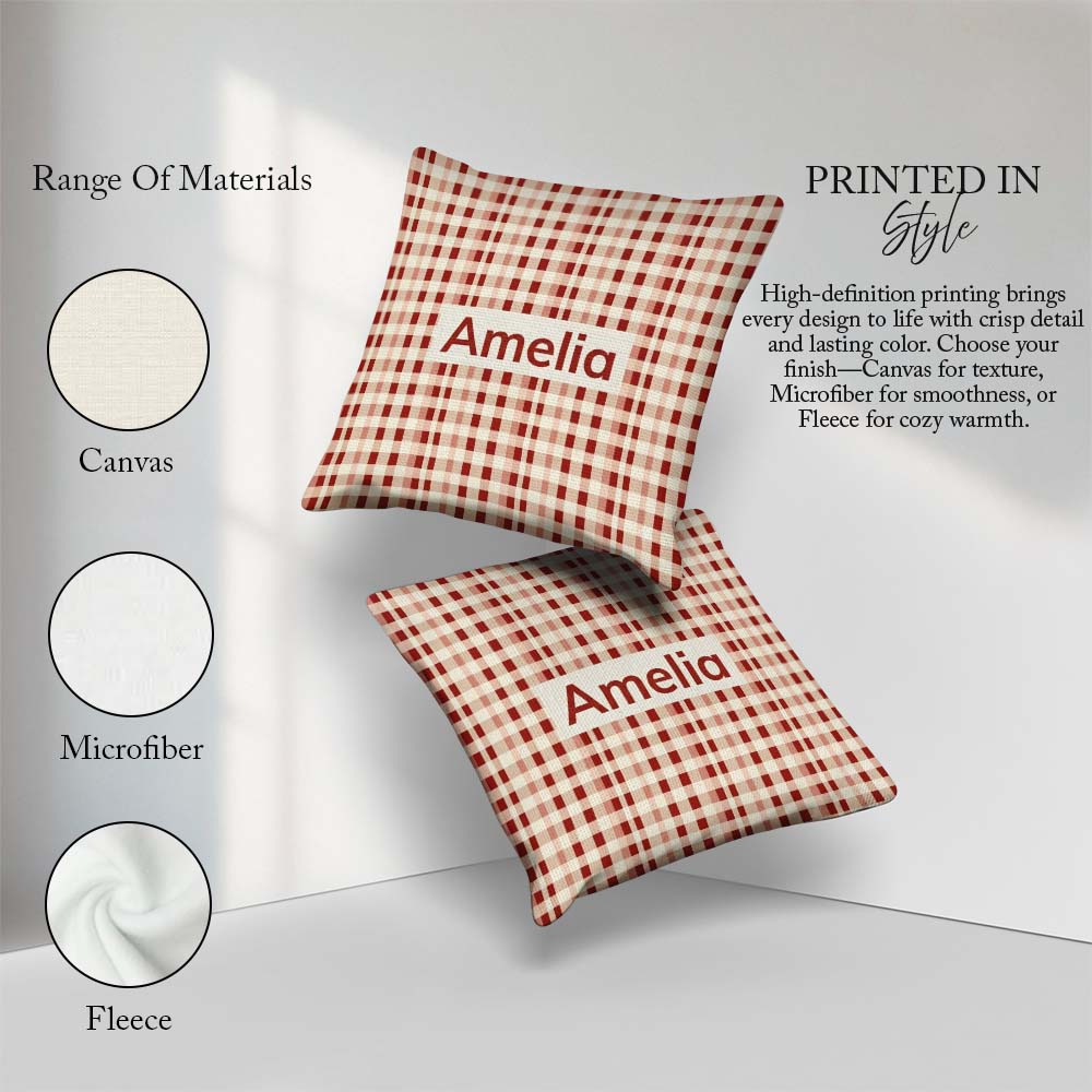 Custom Name Red Beige Gingham Texture Seamless Pattern Name Cute Square Filled Cushion Throw Pillow Sofa Bed Home Decor Zip Washable UK Made
